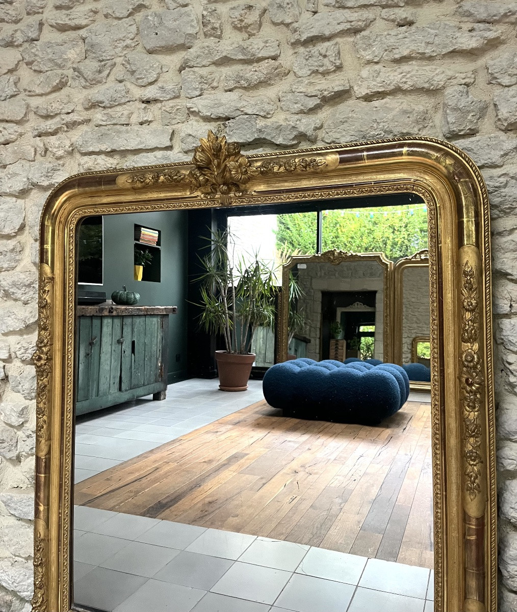Miroir ancien de cheminée Louis Philippe à fronton doré à la feuille d’or glace mercure, 124cm-photo-2