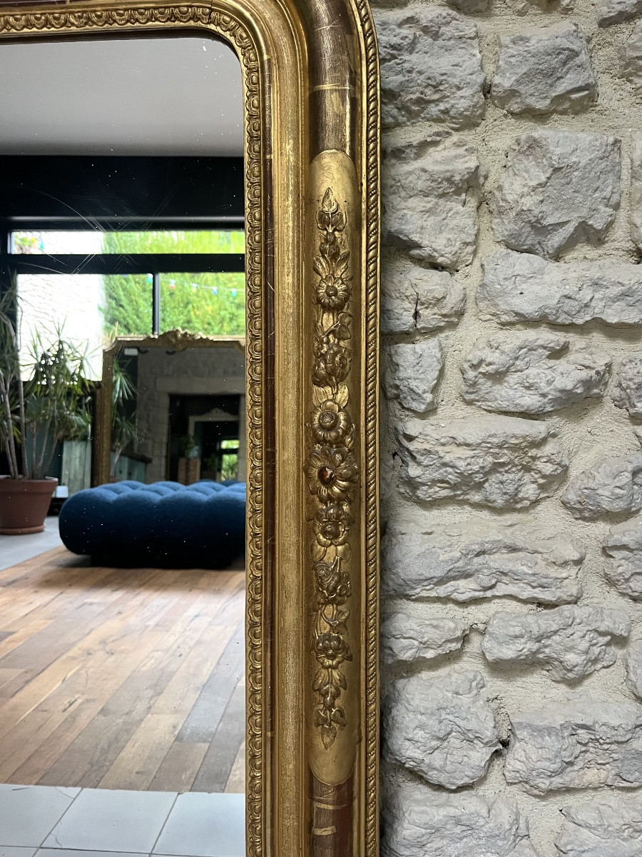 Miroir ancien de cheminée Louis Philippe à fronton doré à la feuille d’or glace mercure, 124cm-photo-3