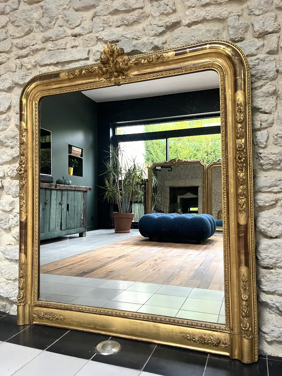 Miroir ancien de cheminée Louis Philippe à fronton doré à la feuille d’or glace mercure, 124cm-photo-4
