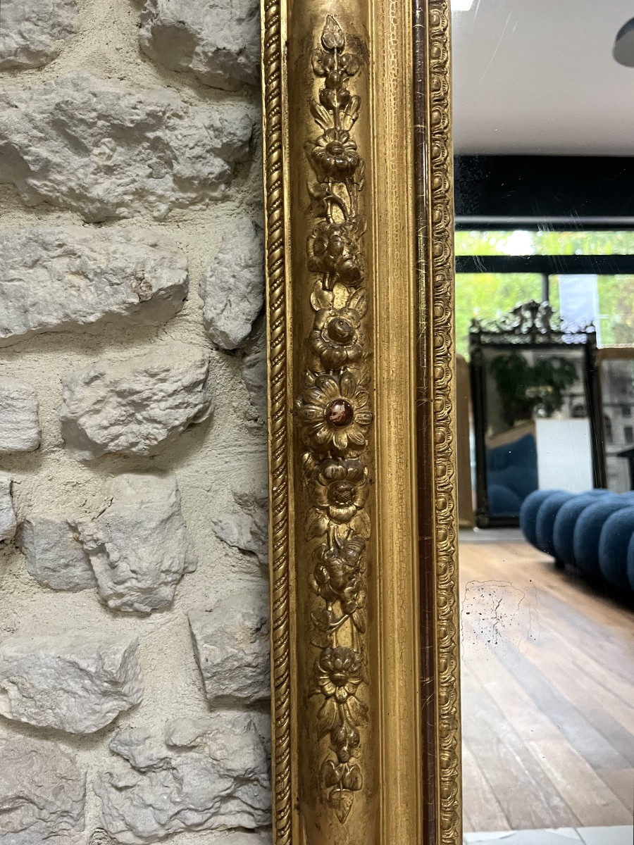 Miroir ancien de cheminée Louis Philippe à fronton doré à la feuille d’or glace mercure, 124cm-photo-1
