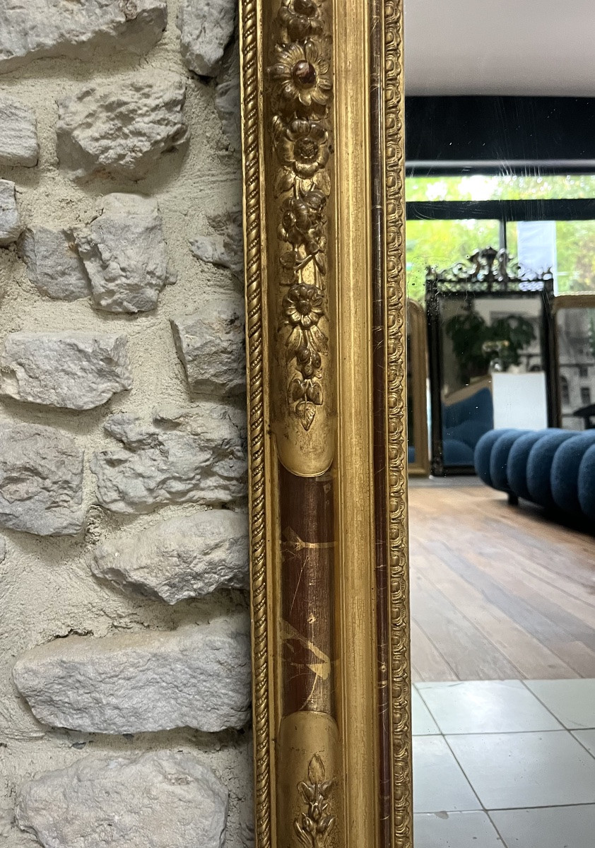 Miroir ancien de cheminée Louis Philippe à fronton doré à la feuille d’or glace mercure, 124cm-photo-2