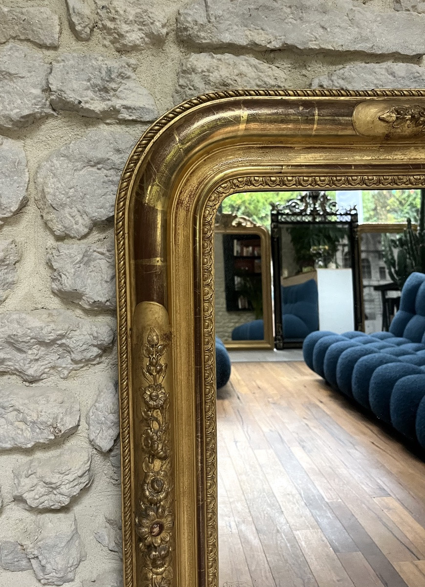 Miroir ancien de cheminée Louis Philippe à fronton doré à la feuille d’or glace mercure, 124cm-photo-3