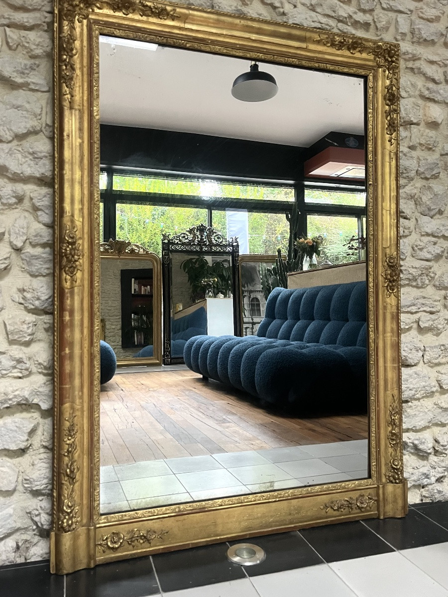 Antique Empire Period Fireplace Mirror Gilded With Gold Leaf, Mercury Glass, Trumeau-photo-7