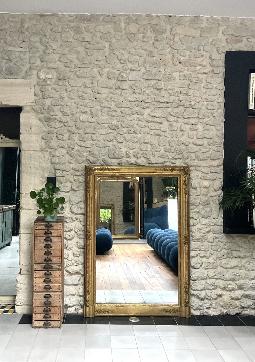 Antique Empire Period Fireplace Mirror Gilded With Gold Leaf, Mercury Glass, Trumeau