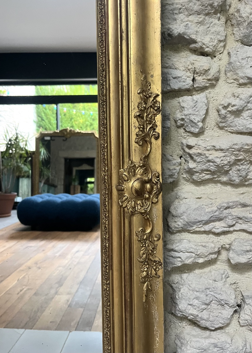 Miroir ancien de cheminée époque empire doré à la feuille d’or, glace au mercure, trumeau   -photo-3