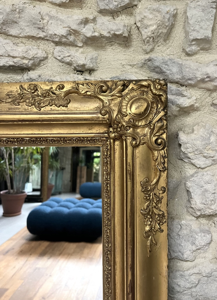 Miroir ancien de cheminée époque empire doré à la feuille d’or, glace au mercure, trumeau   -photo-1