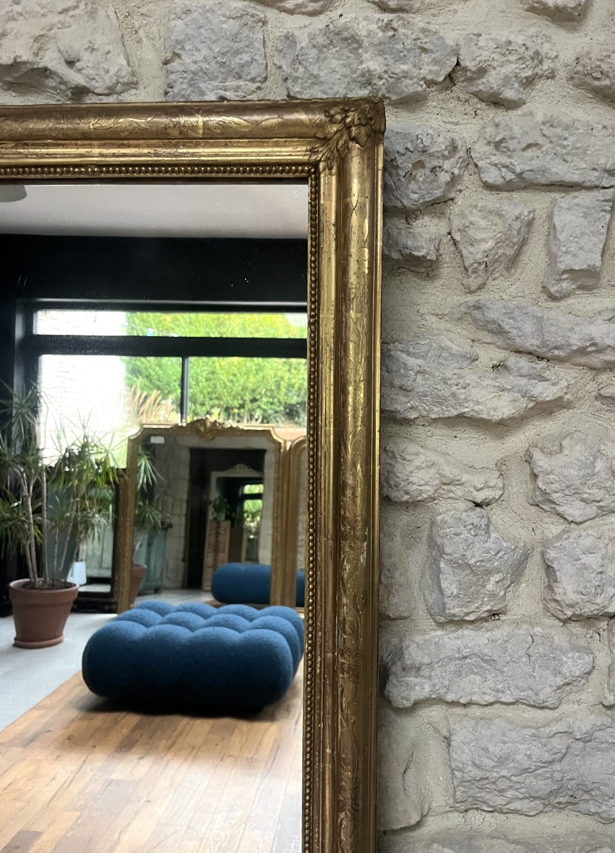 Miroir ancien 159,5cm/82,5cm d’entre-deux et perlé doré à la feuille d’or.-photo-1