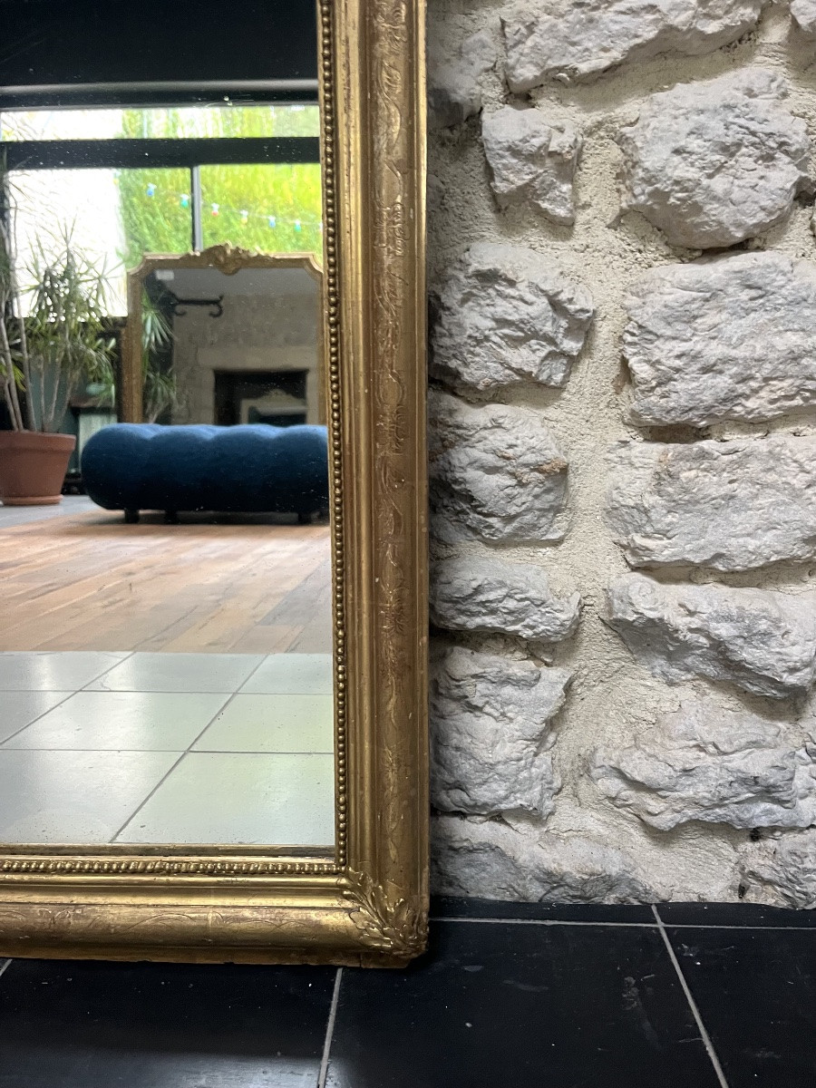 Miroir ancien 159,5cm/82,5cm d’entre-deux et perlé doré à la feuille d’or.-photo-2