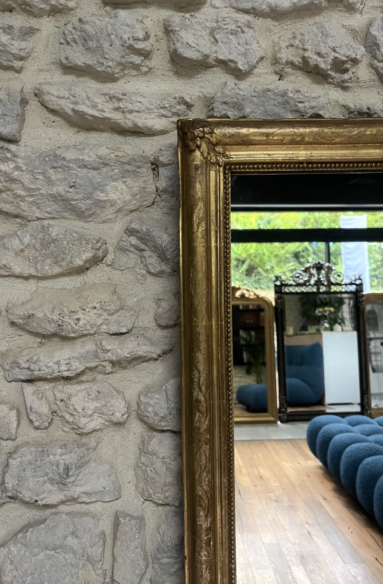 Miroir ancien 159,5cm/82,5cm d’entre-deux et perlé doré à la feuille d’or.-photo-5