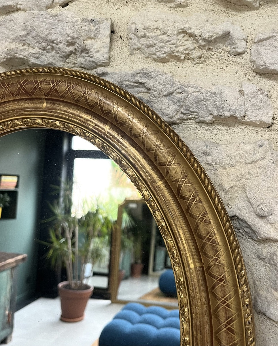 Miroir ancien ovale doré à la feuille d’or décors géométrique, -photo-2