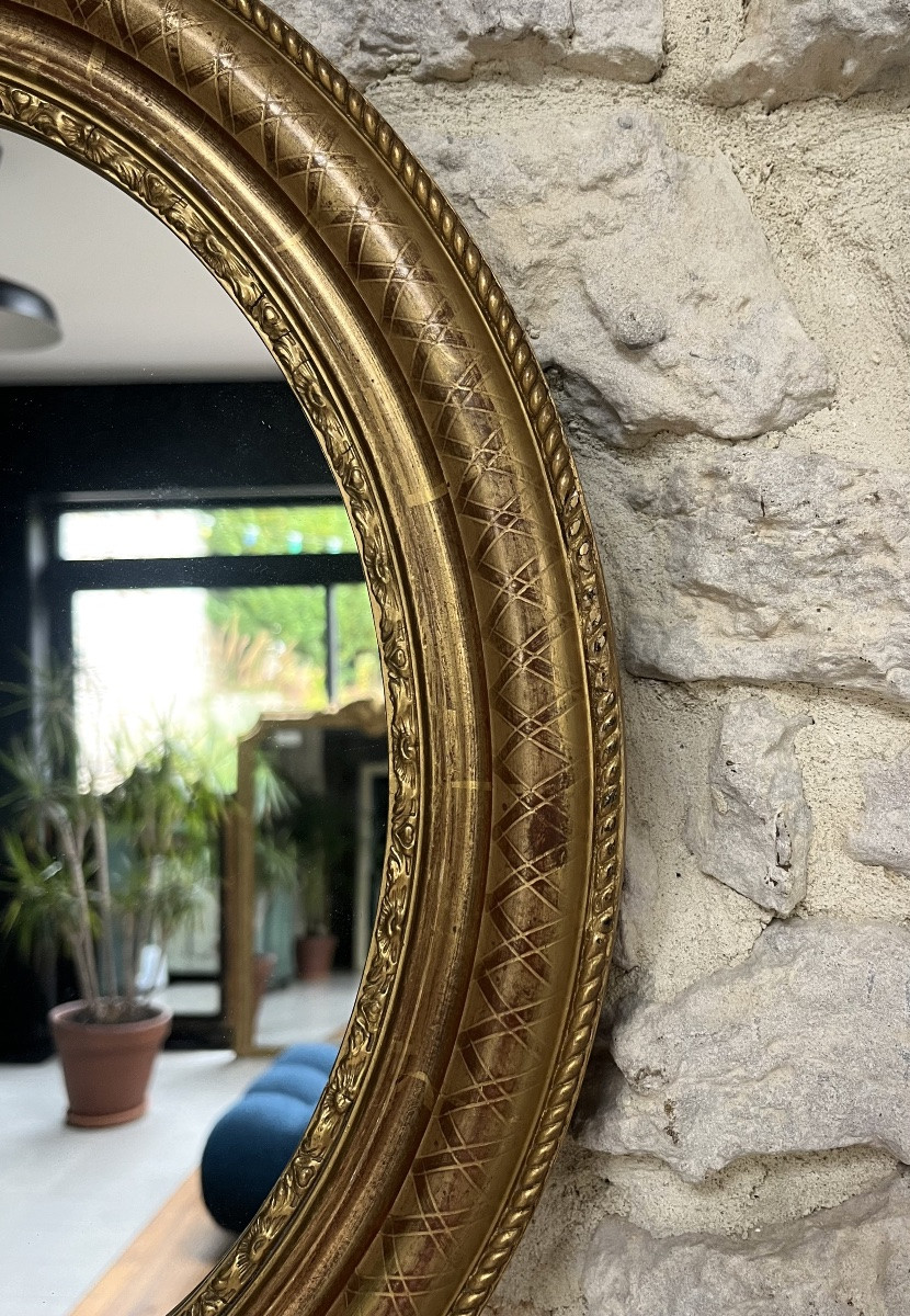 Miroir ancien ovale doré à la feuille d’or décors géométrique, -photo-3