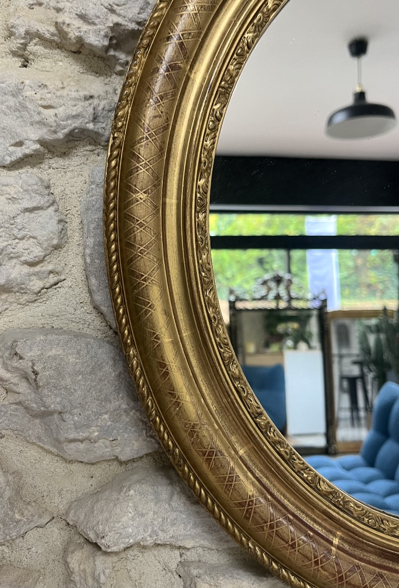 Miroir ancien ovale doré à la feuille d’or décors géométrique, -photo-4
