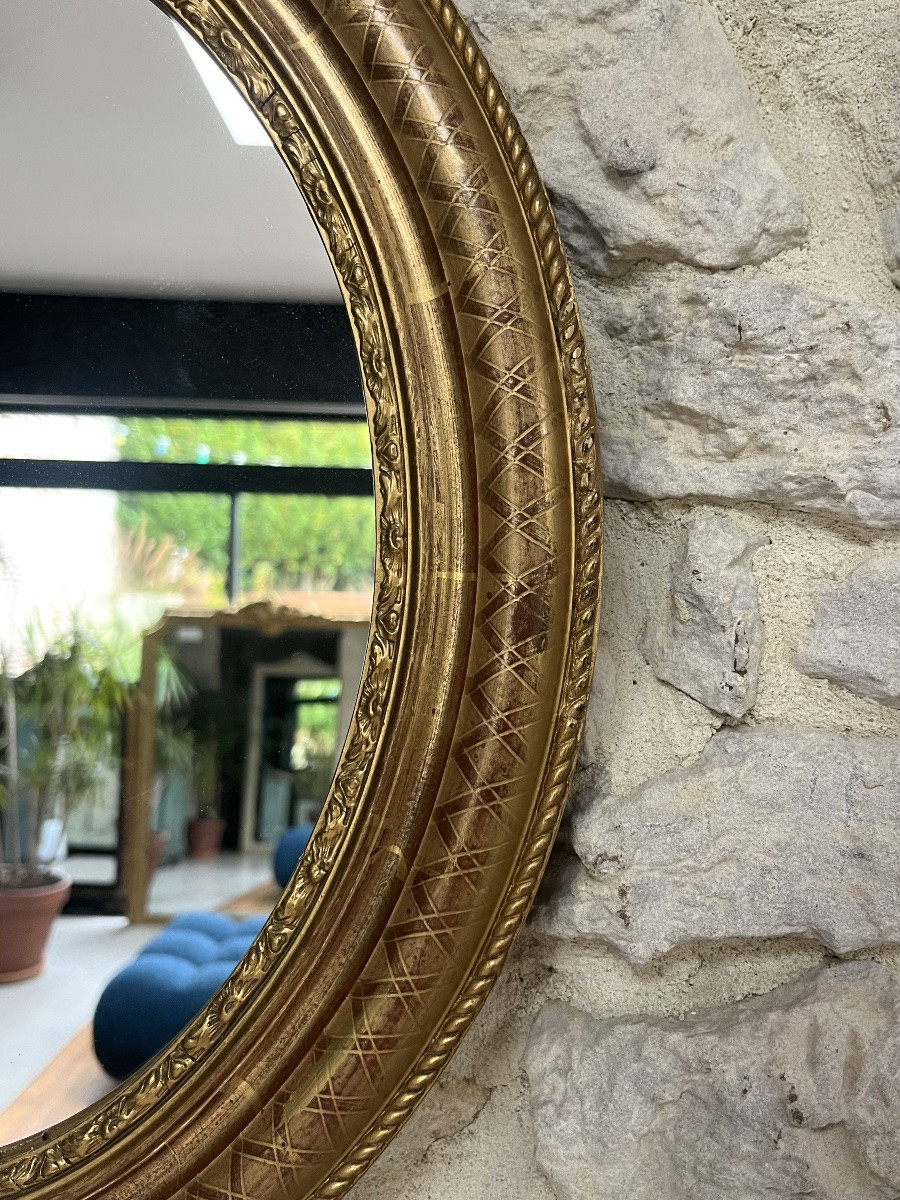 Miroir ancien ovale doré à la feuille d’or décors géométrique, -photo-2