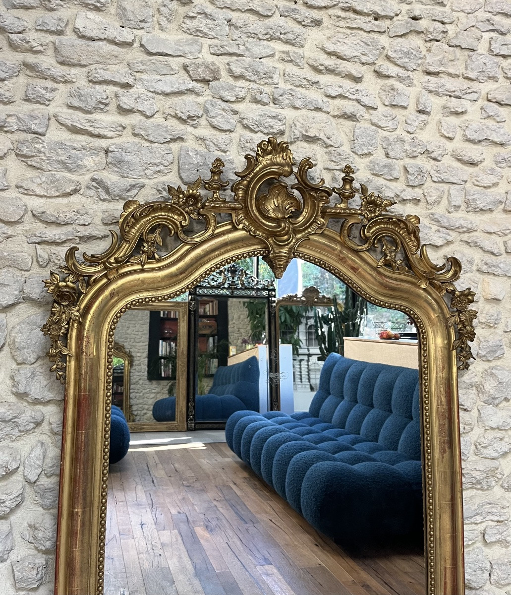 Miroir à frontons et perlé 160cm doré à la feuille d’or glace au mercure, trumeau de cheminée -photo-4
