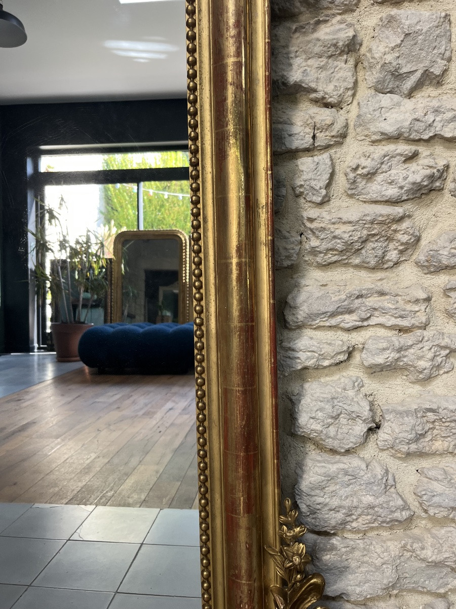 Miroir à frontons et perlé 160cm doré à la feuille d’or glace au mercure, trumeau de cheminée -photo-4