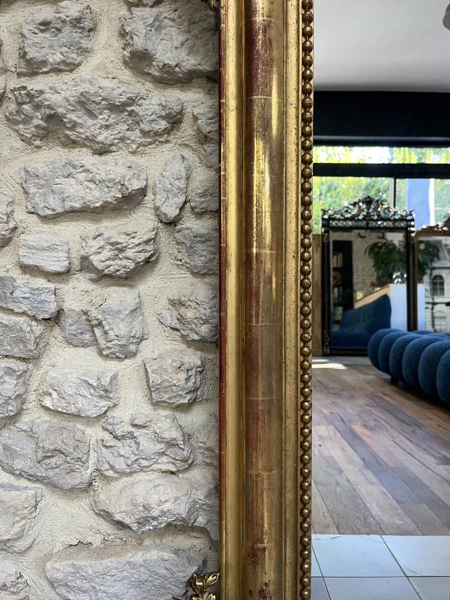 Miroir à frontons et perlé 160cm doré à la feuille d’or glace au mercure, trumeau de cheminée -photo-5