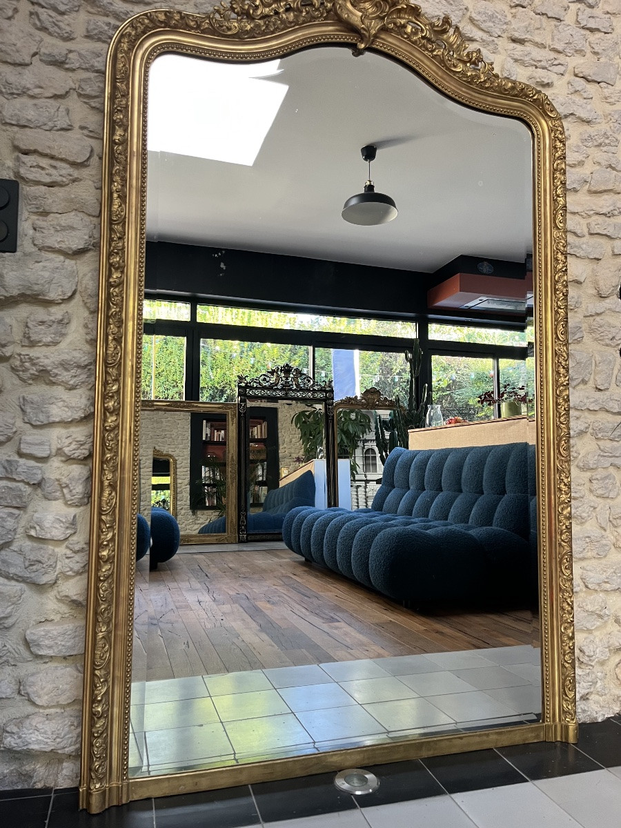 Miroir Louis-Philippe à fronton et perlé 191,5cm/120,5cm forme chapeau de gendarme, biseautée -photo-3