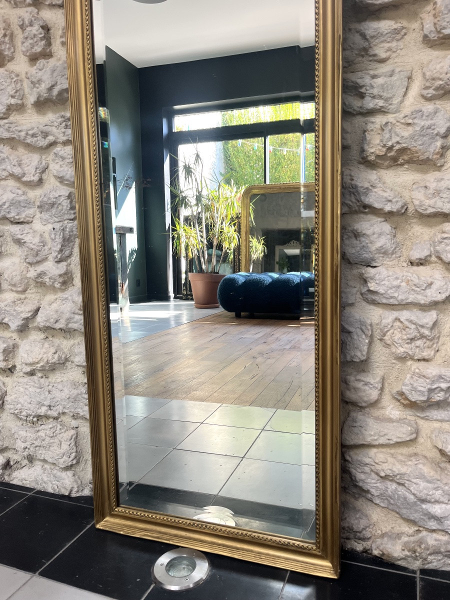 Miroir ancien 228cm/47cm d’entre-deux époque début 20ème, glace biseautée et piquée, parqueté.-photo-3