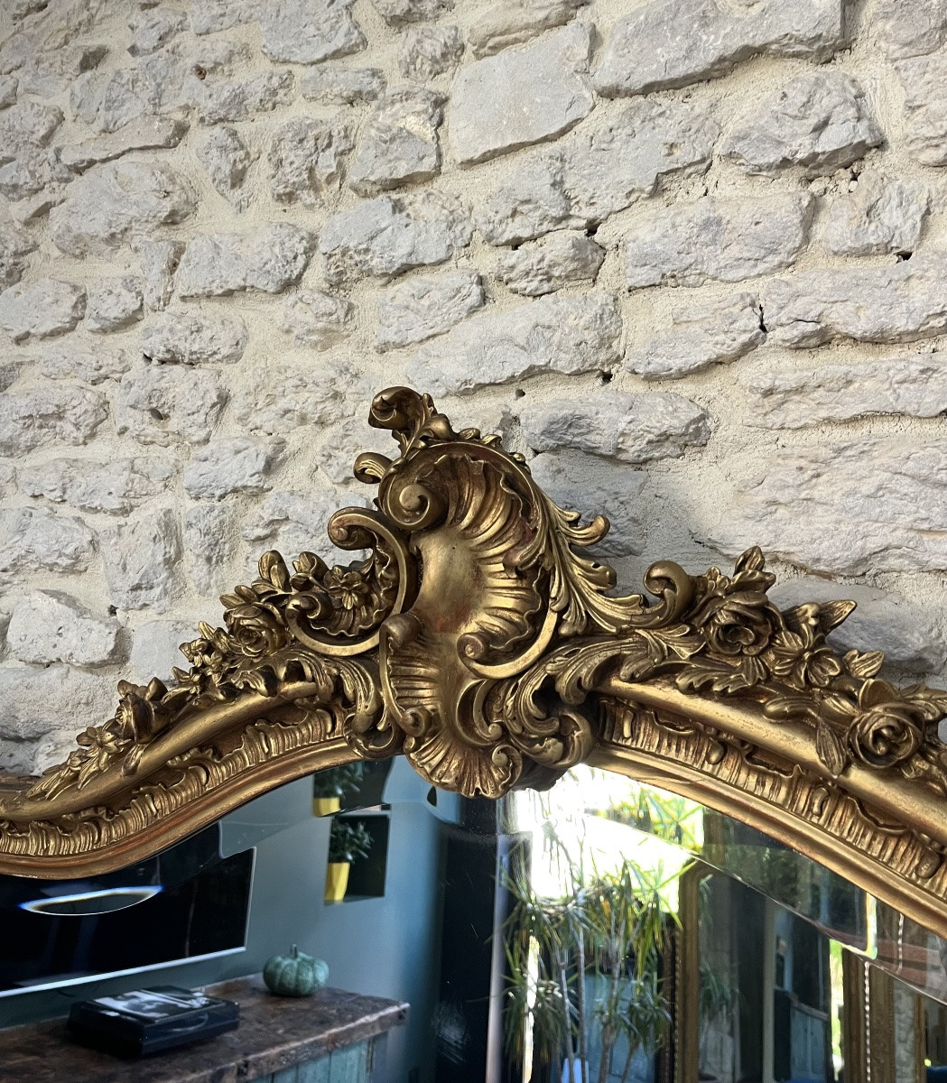 Miroir ancien 199,5cm/147cm à frontons époque fin 19ème, glace biseautée, parquet au dos.-photo-4