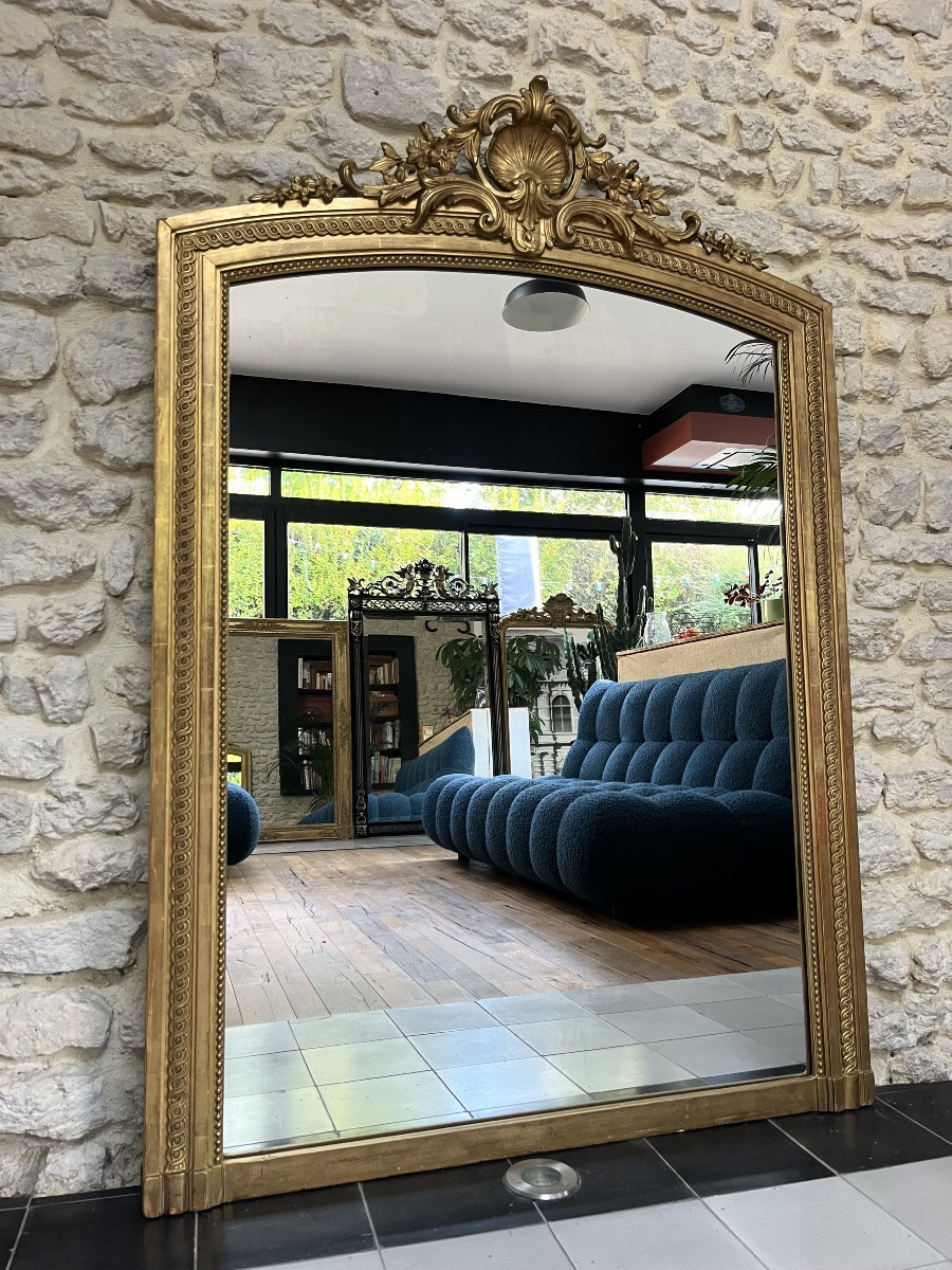 Antique Mirror 151cm/105.5cm Fireplace With Pediment And Pearls, Gold Leaf, Spiral Decorations, Trumeau-photo-2