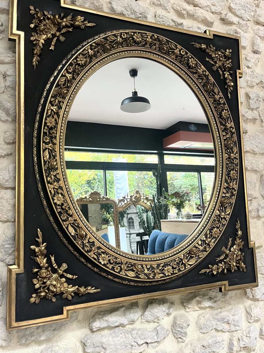 Antique Mirror 88cm/78cm Napoleon III Period, Glass With Few Pits, Parquet Backing, Frame.-photo-6