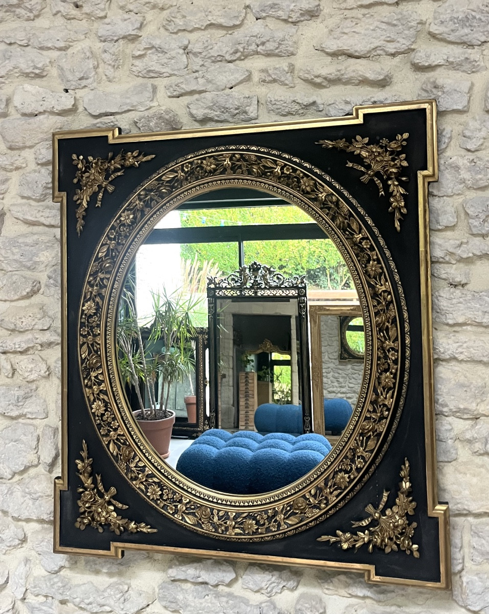 Antique Mirror 88cm/78cm Napoleon III Period, Glass With Few Pits, Parquet Backing, Frame.