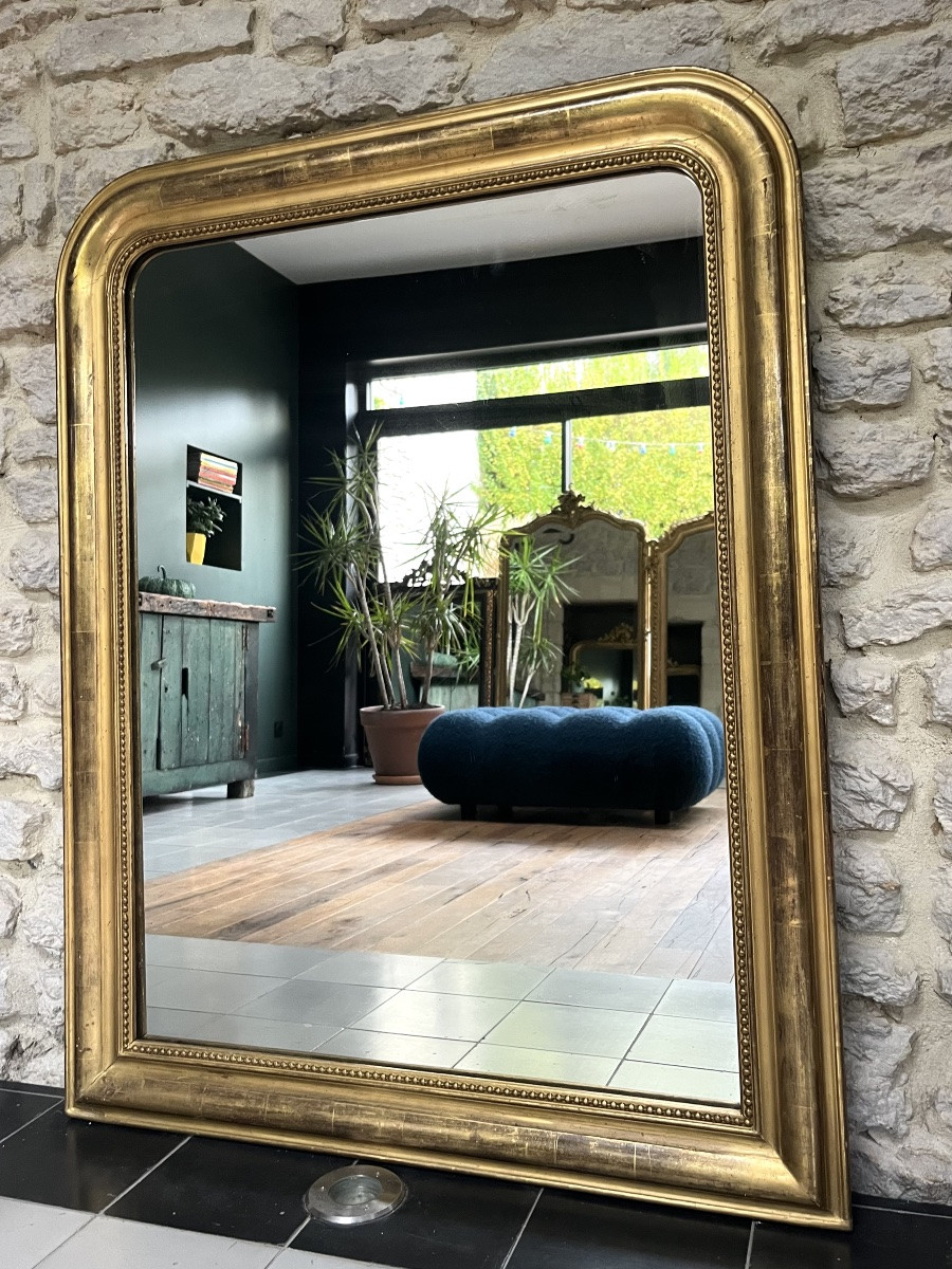 Miroir ancien Louis-Philippe 110,5/86cm perlé doré à la feuille d’or trumeau de cheminée -photo-3