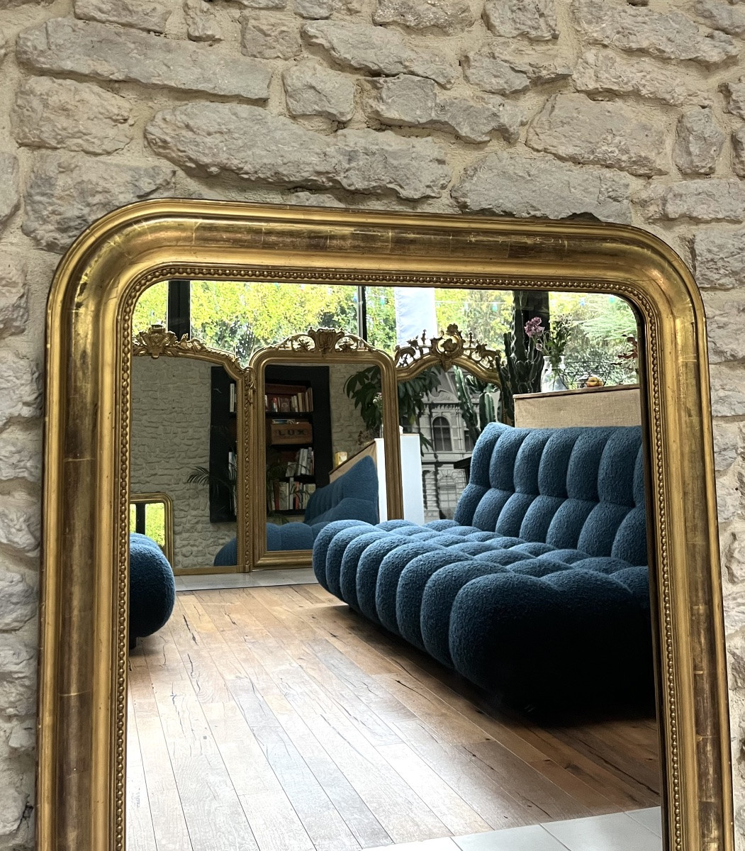 Miroir ancien Louis-Philippe 110,5/86cm perlé doré à la feuille d’or trumeau de cheminée -photo-3