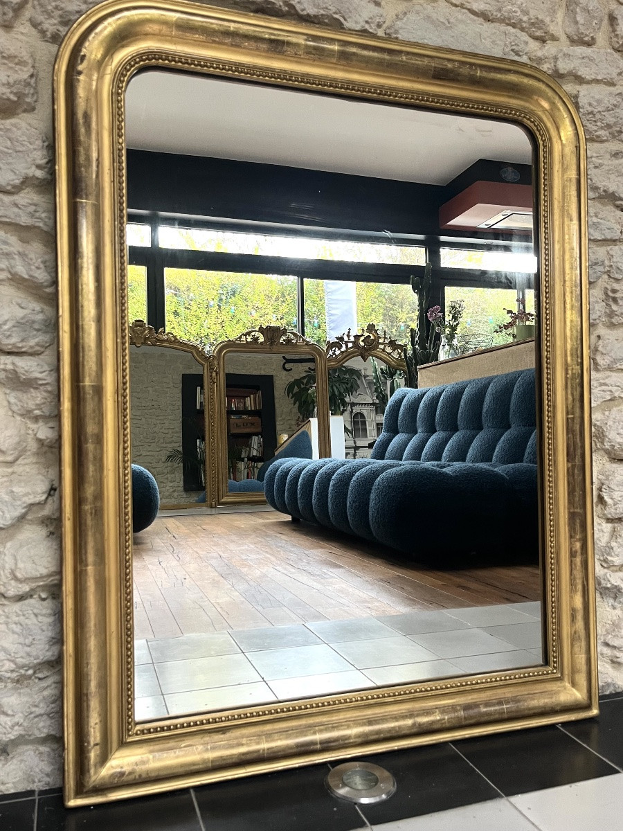 Miroir ancien Louis-Philippe 110,5/86cm perlé doré à la feuille d’or trumeau de cheminée -photo-4