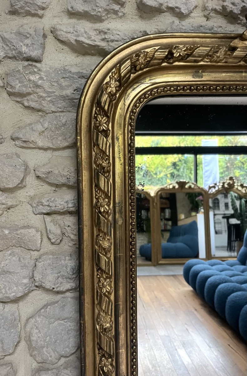 Miroir ancien Louis-Philippe à fronton et perlé 174,5/104cm trumeau de cheminée -photo-3