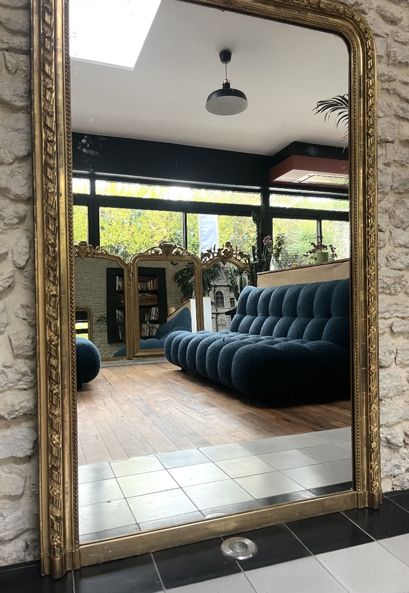 Miroir ancien Louis-Philippe à fronton et perlé 174,5/104cm trumeau de cheminée -photo-6