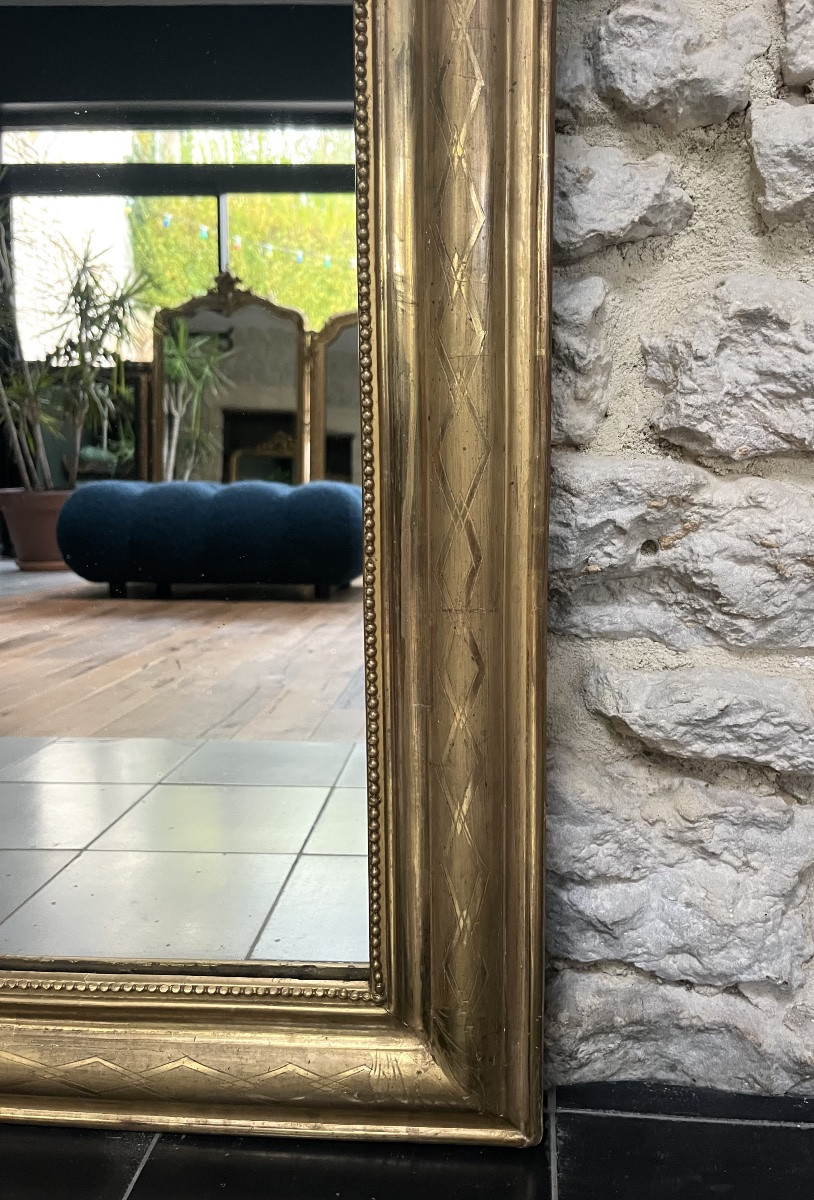 Miroir ancien Louis-Philippe à fronton et perlé 127cm/69,5cm doré à la feuille d’or trumeau -photo-2