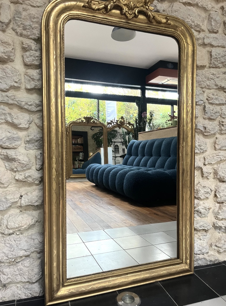 Miroir ancien Louis-Philippe à fronton et perlé 127cm/69,5cm doré à la feuille d’or trumeau -photo-1