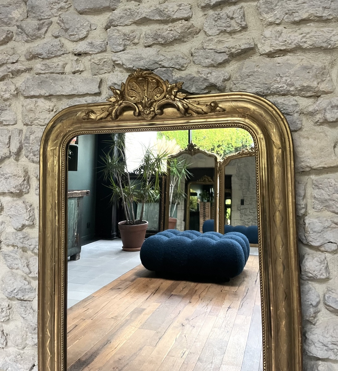 Miroir ancien Louis-Philippe à fronton et perlé 127cm/69,5cm doré à la feuille d’or trumeau -photo-2