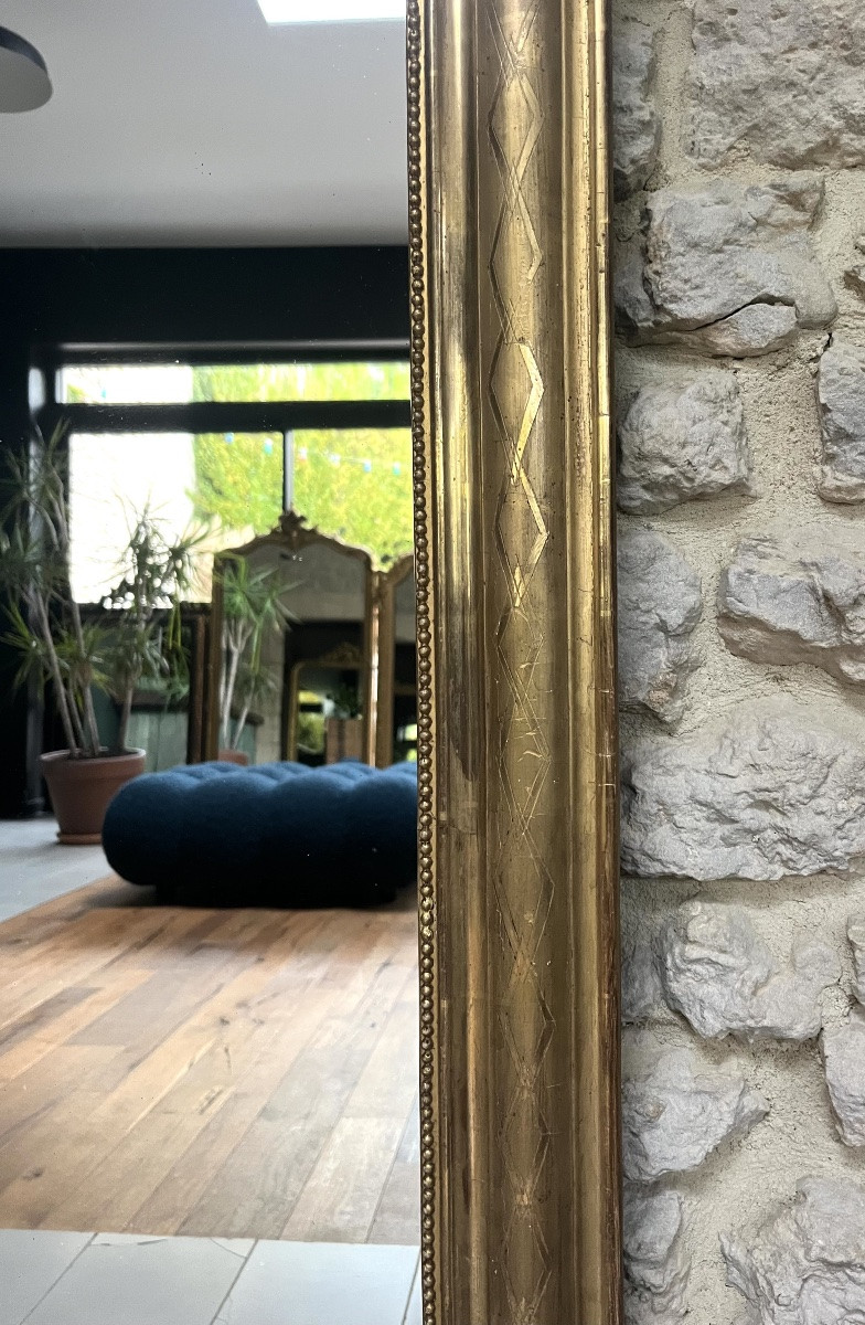 Miroir ancien Louis-Philippe à fronton et perlé 127cm/69,5cm doré à la feuille d’or trumeau -photo-6