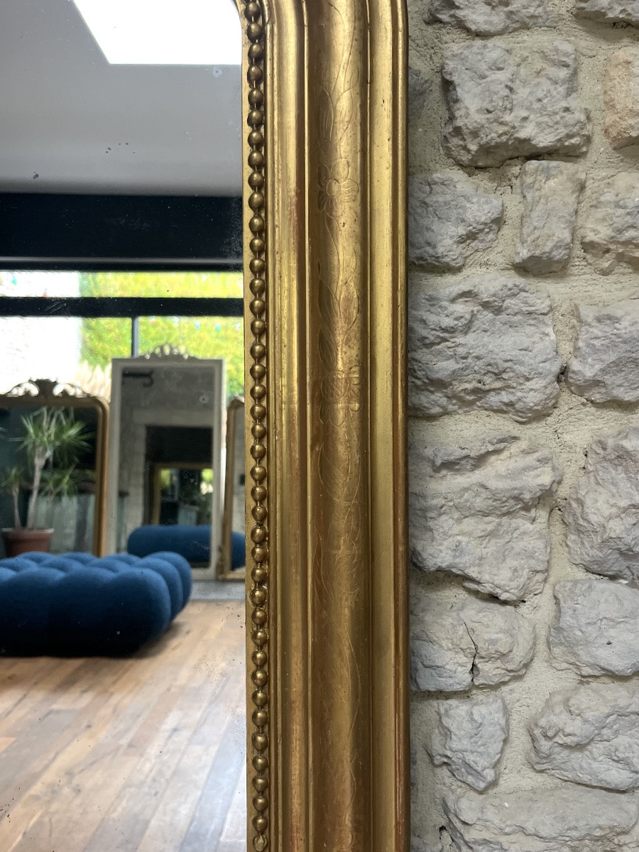 Antique Louis-philippe Beaded Mirror, 140/99.5cm, Gilded With Gold Leaf, Mercury Glass, Trumeau Style  -photo-2