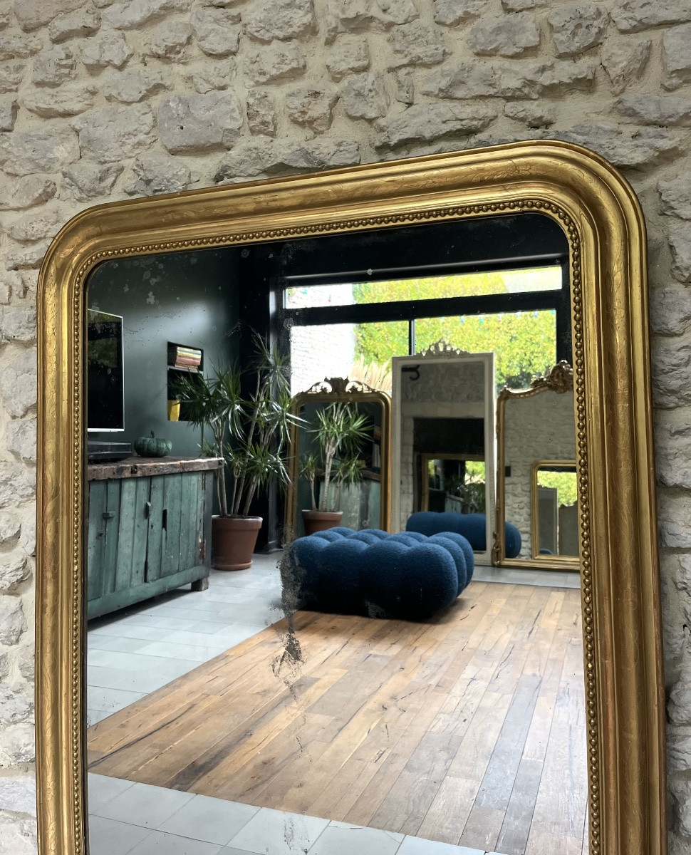 Antique Louis-philippe Beaded Mirror, 140/99.5cm, Gilded With Gold Leaf, Mercury Glass, Trumeau Style  -photo-3