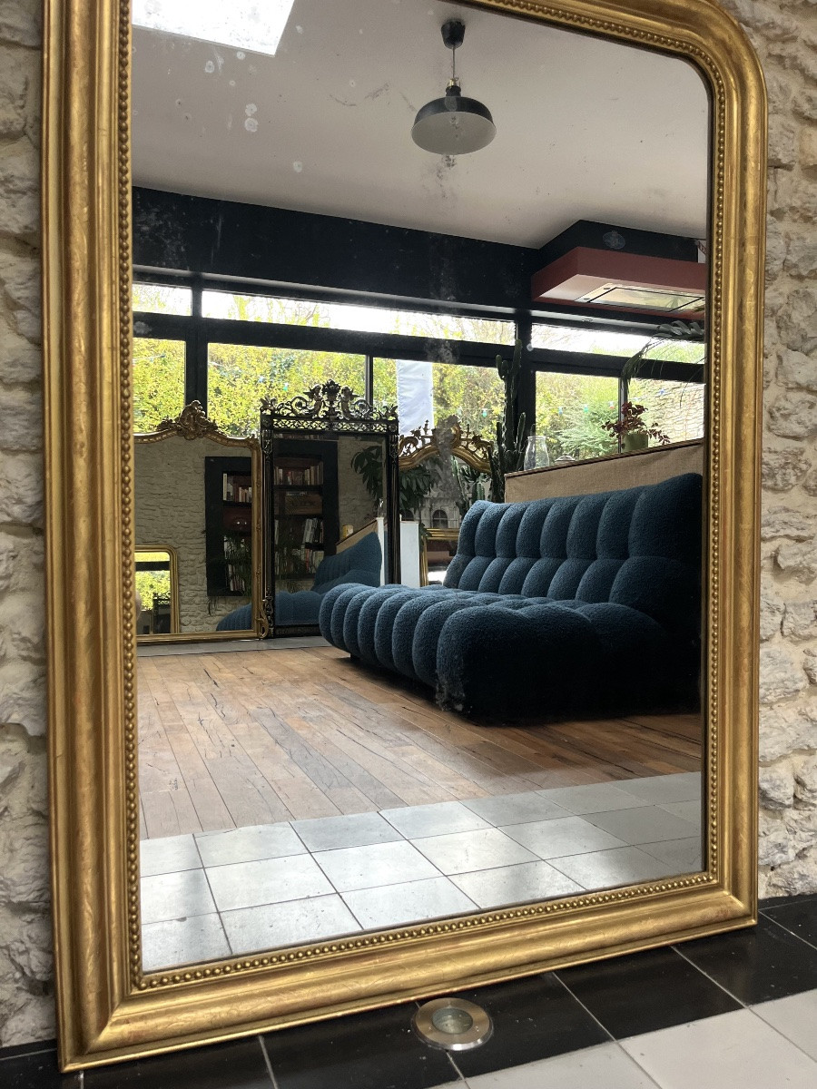 Antique Louis-philippe Beaded Mirror, 140/99.5cm, Gilded With Gold Leaf, Mercury Glass, Trumeau Style  -photo-1