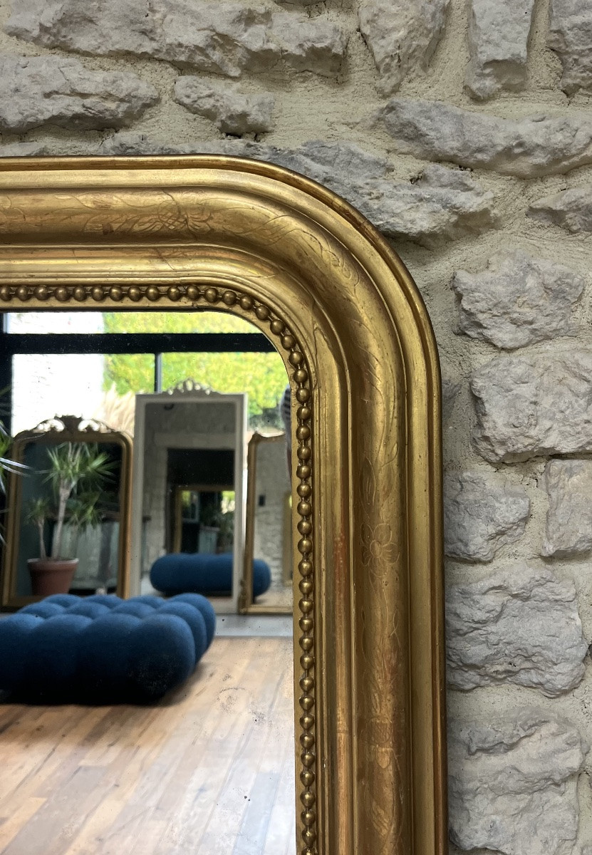 Antique Louis-philippe Beaded Mirror, 140/99.5cm, Gilded With Gold Leaf, Mercury Glass, Trumeau Style  -photo-3