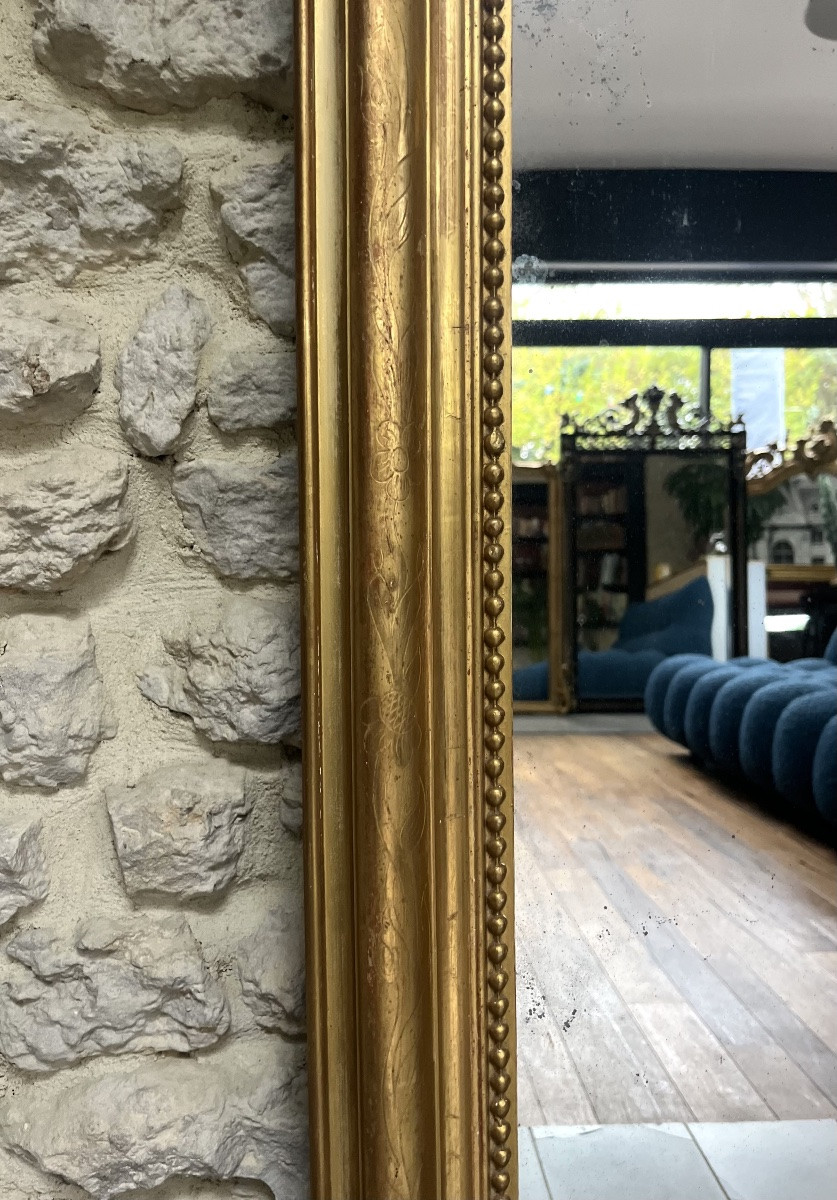 Antique Louis-philippe Beaded Mirror, 140/99.5cm, Gilded With Gold Leaf, Mercury Glass, Trumeau Style  -photo-5