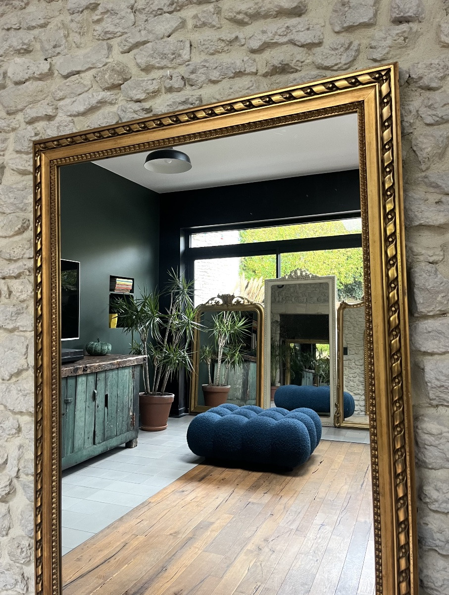 Miroir ancien 1920,étroit, d’entre-deux 166/87,5cm doré à la feuille de cuivre style Louis XVI -photo-6