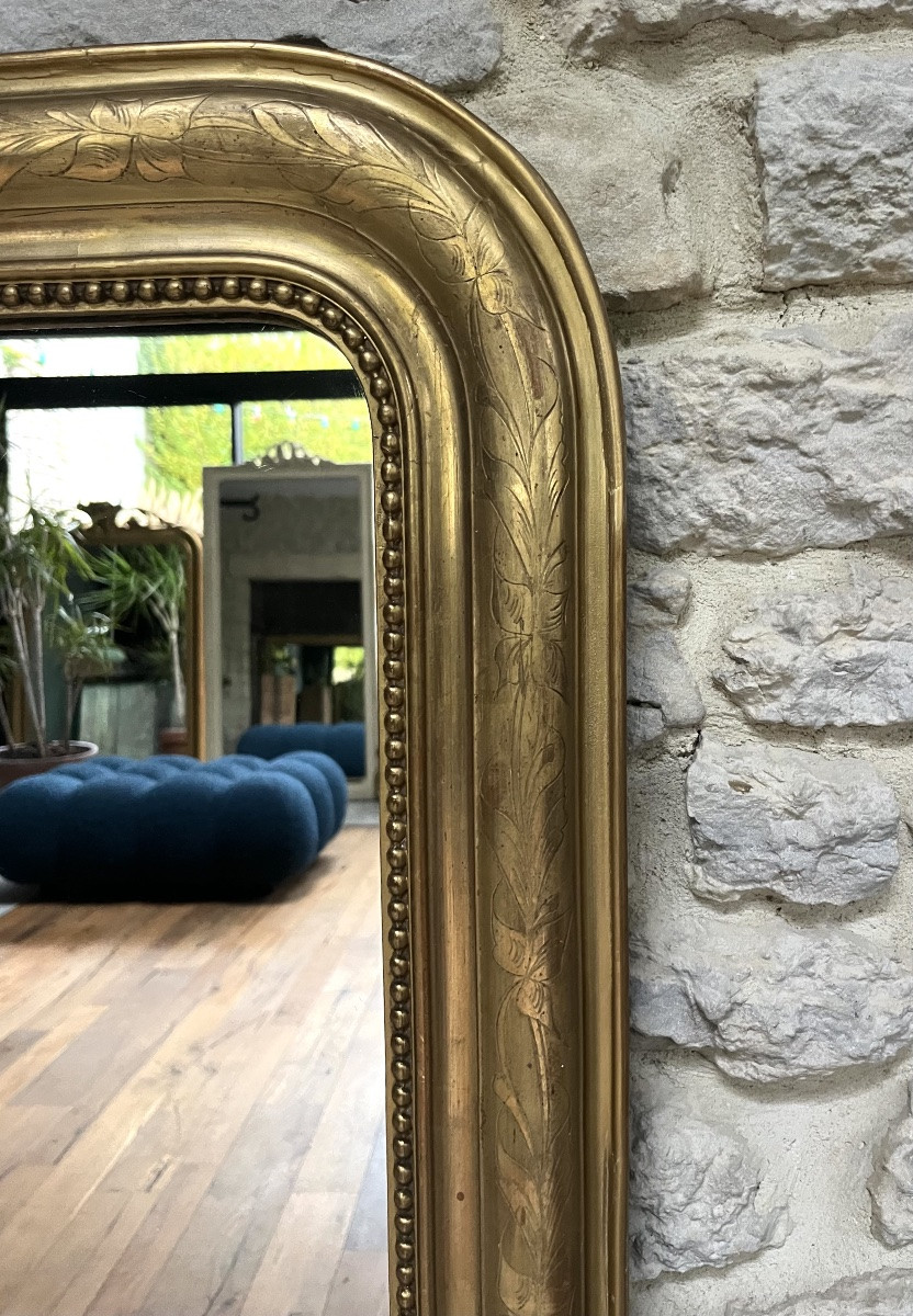 Antique Louis-philippe Beaded Mirror, 110.5/80cm, Gilded With Gold Leaf, Mantelpiece-photo-6