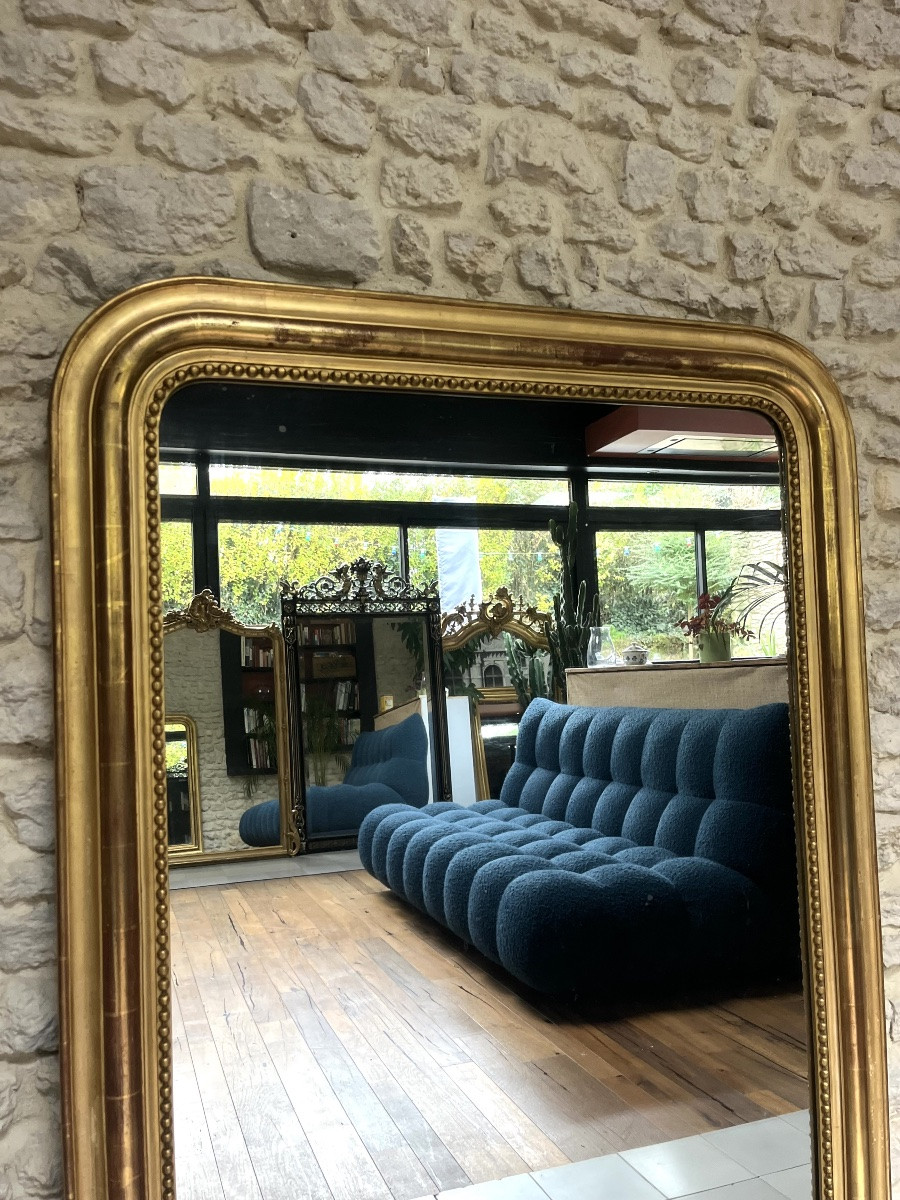 Antique Louis-philippe Period Beaded Mirror, 145/102cm, Gilded With Gold Leaf, Mercury Glass -photo-4
