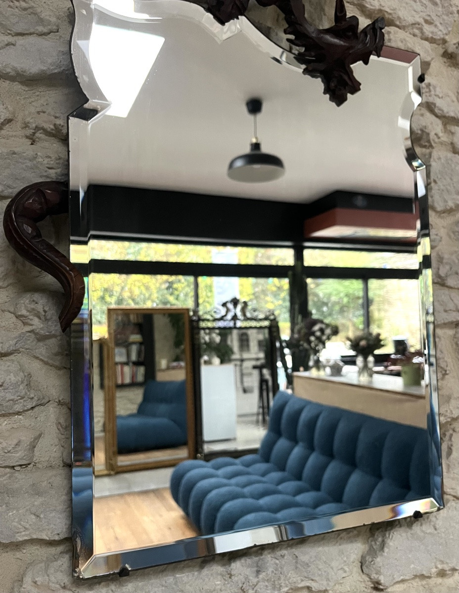 Miroir ancien au dragon en bois sculpté dans le goût de Gabriel Viardot, glace biseautée -photo-3