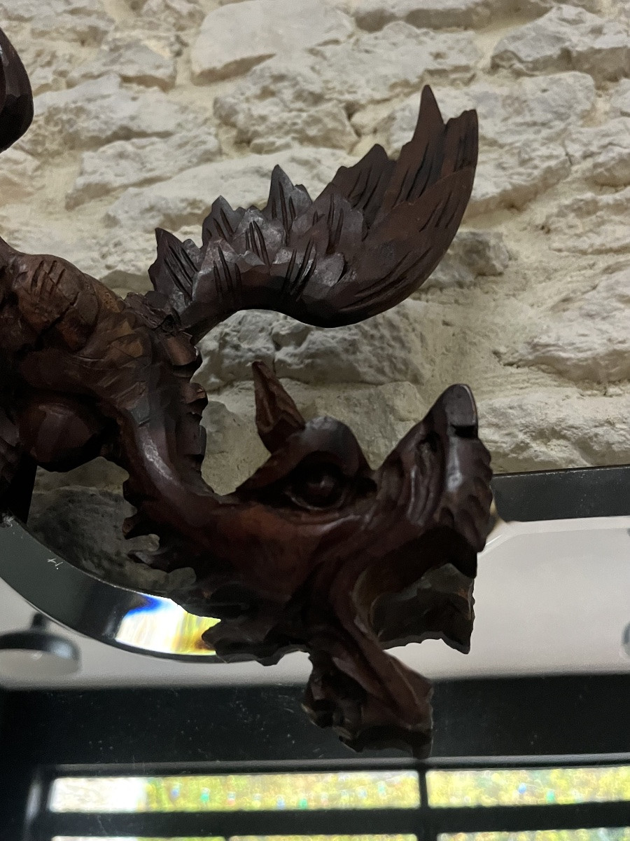 Miroir ancien au dragon en bois sculpté dans le goût de Gabriel Viardot, glace biseautée -photo-4