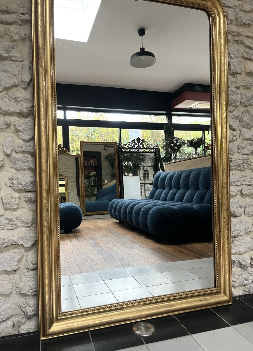 Antique Louis-philippe Mirror With Gilt Pediment And Beading, Decorated With Floral Motifs, Trumeau -photo-1