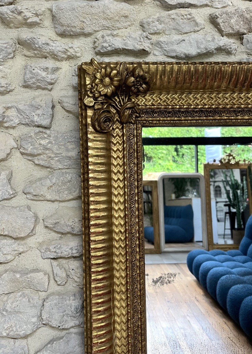 Miroir ancien 168,5/100cm doré à la feuille d’or, glace au mercure, trumeau de cheminée -photo-6