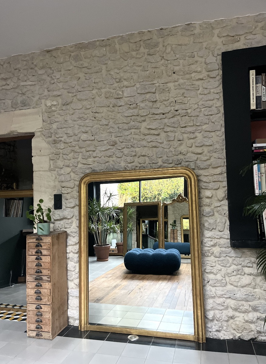 Antique Louis-philippe Fireplace Mirror 150/116.5cm, Beaded And Gilded With Gold Leaf, Trumeau. -photo-4