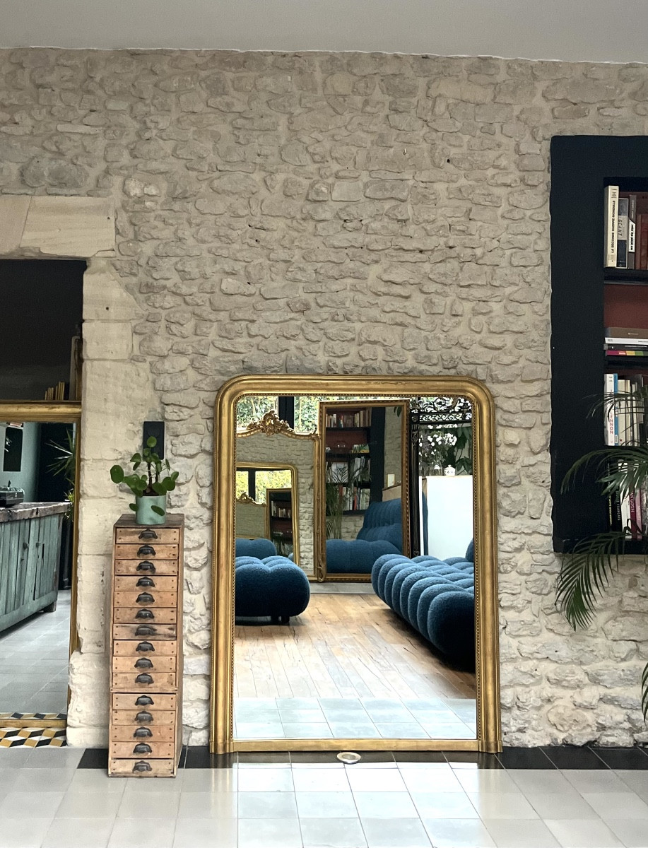 Antique Louis-philippe Fireplace Mirror 150/116.5cm, Beaded And Gilded With Gold Leaf, Trumeau. 