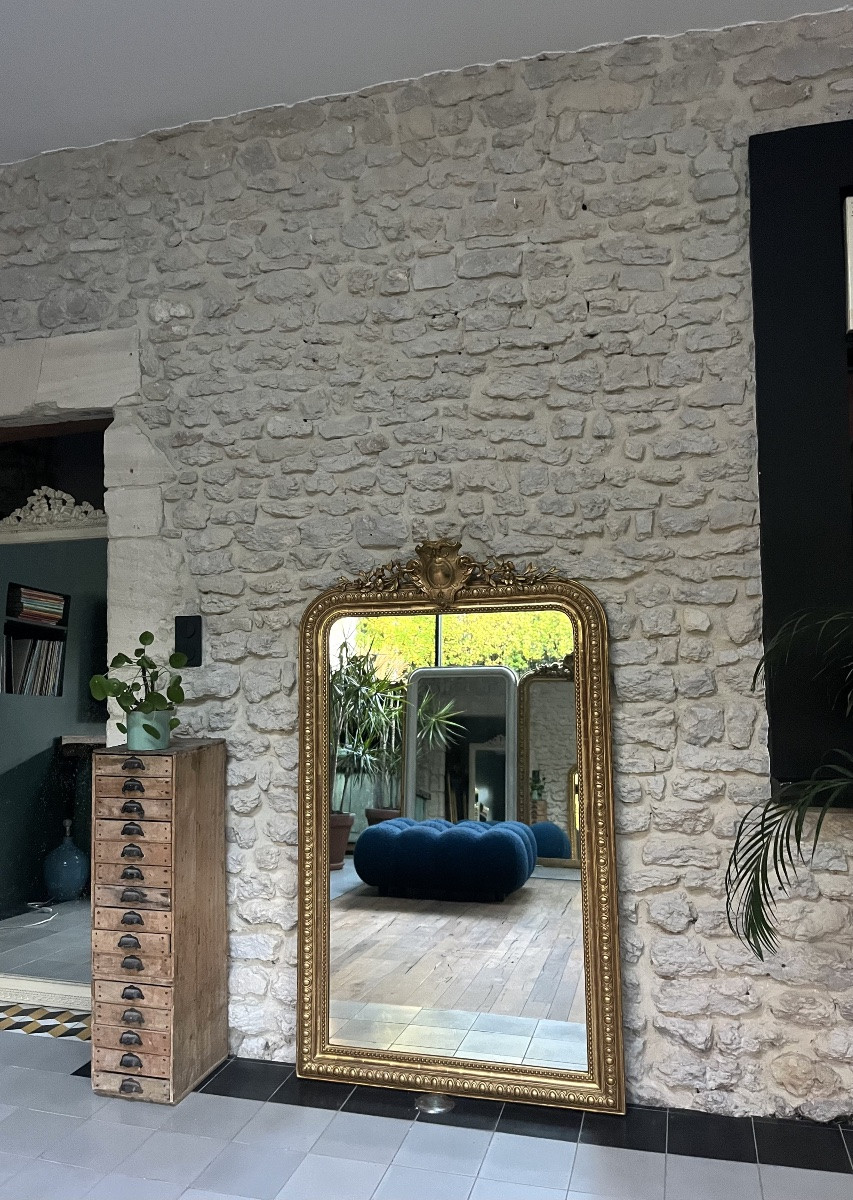 Miroir ancien 148,5/89cm Louis-Philippe à fronton et perlé doré à la feuille d’or trumeau -photo-2